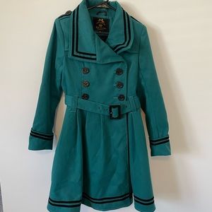 Hell Bunny Teal Pea Coat with Black Accents